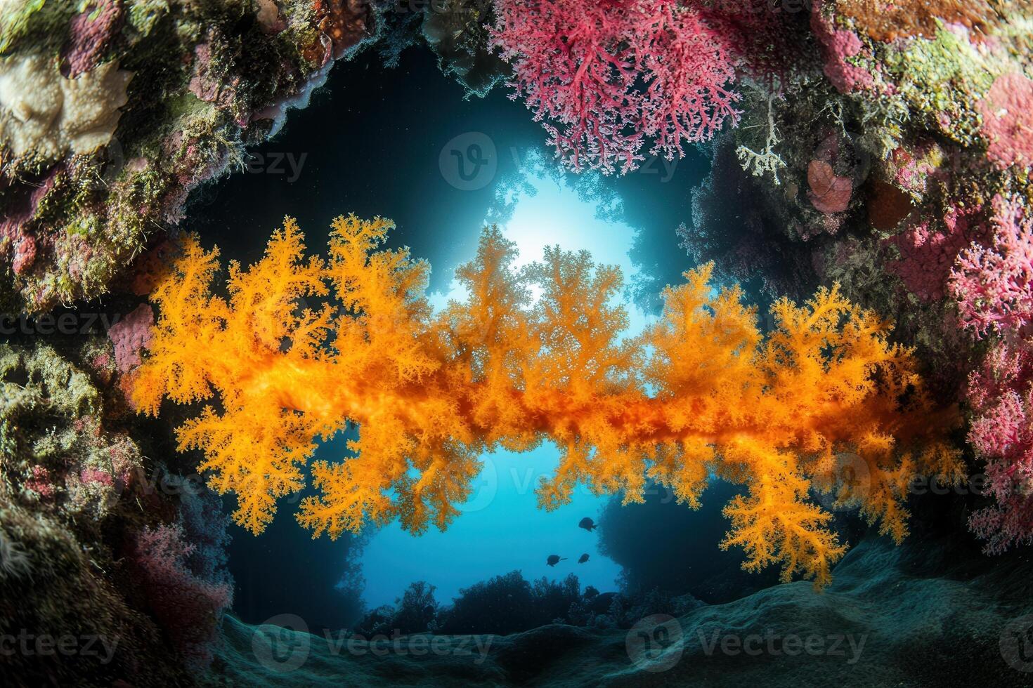 Vibrant coral reef with colorful marine life. photo