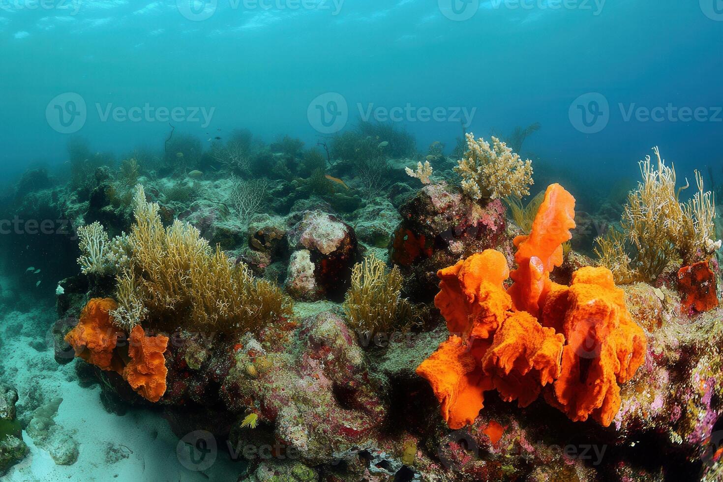 Vibrant coral reef with orange sponges and marine life. photo