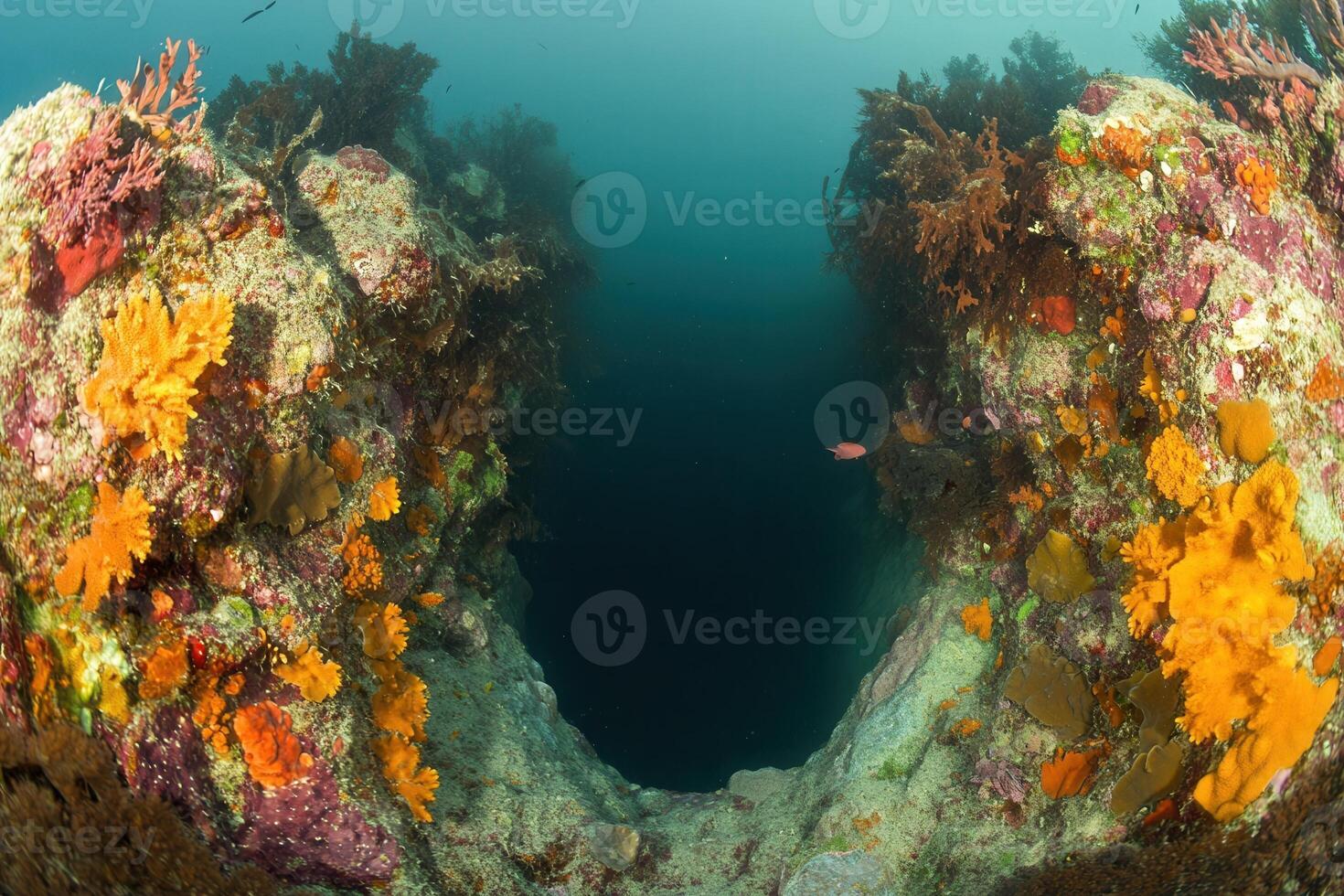 Vibrant underwater scene with coral and marine life. photo