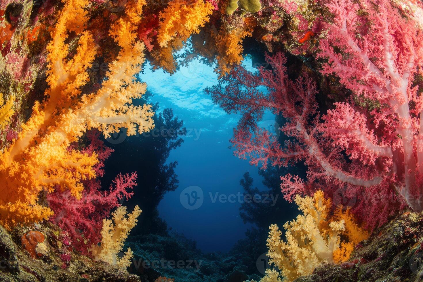 Vibrant coral reef viewed through an underwater archway. photo