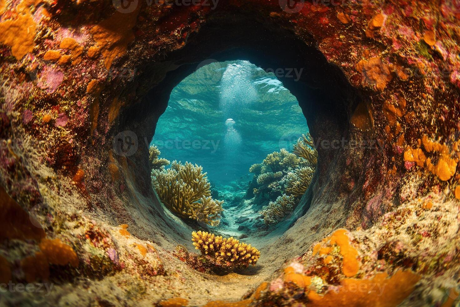View through a coral reef tunnel in vibrant underwater scene. photo