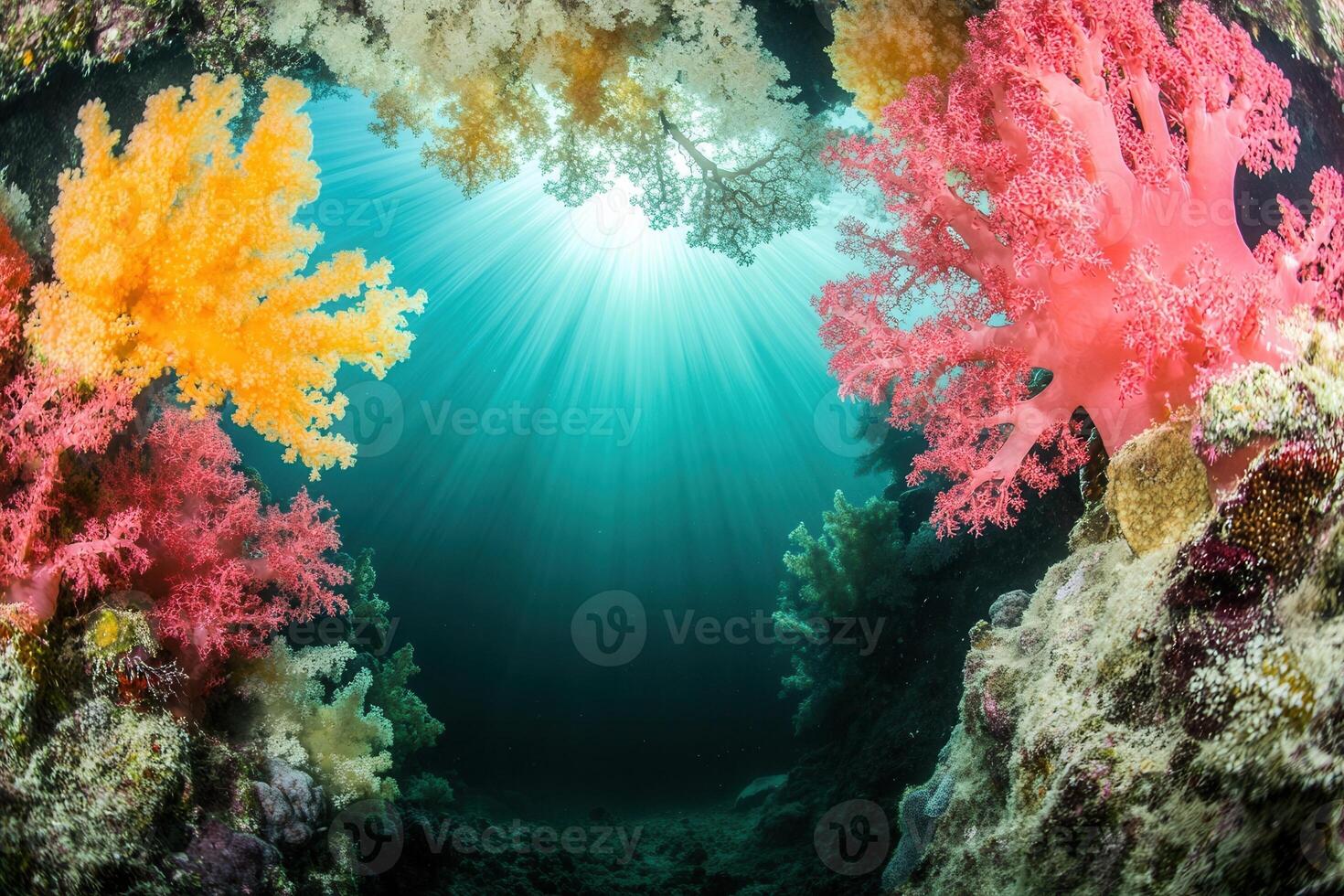 Vibrant coral reef with colorful marine life. photo