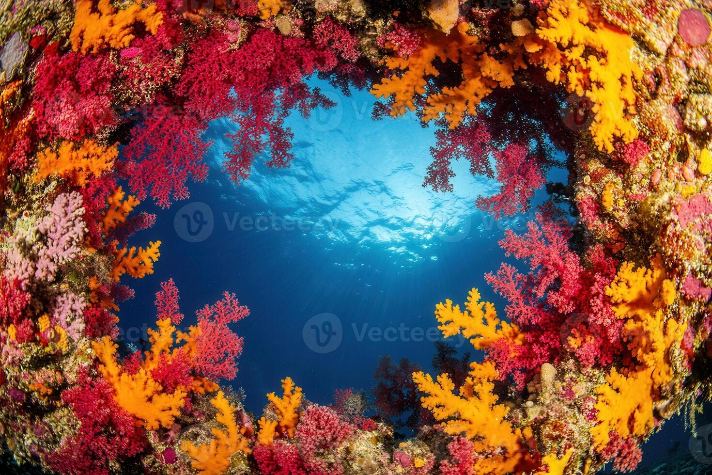 Vibrant coral reef with colorful marine life. photo