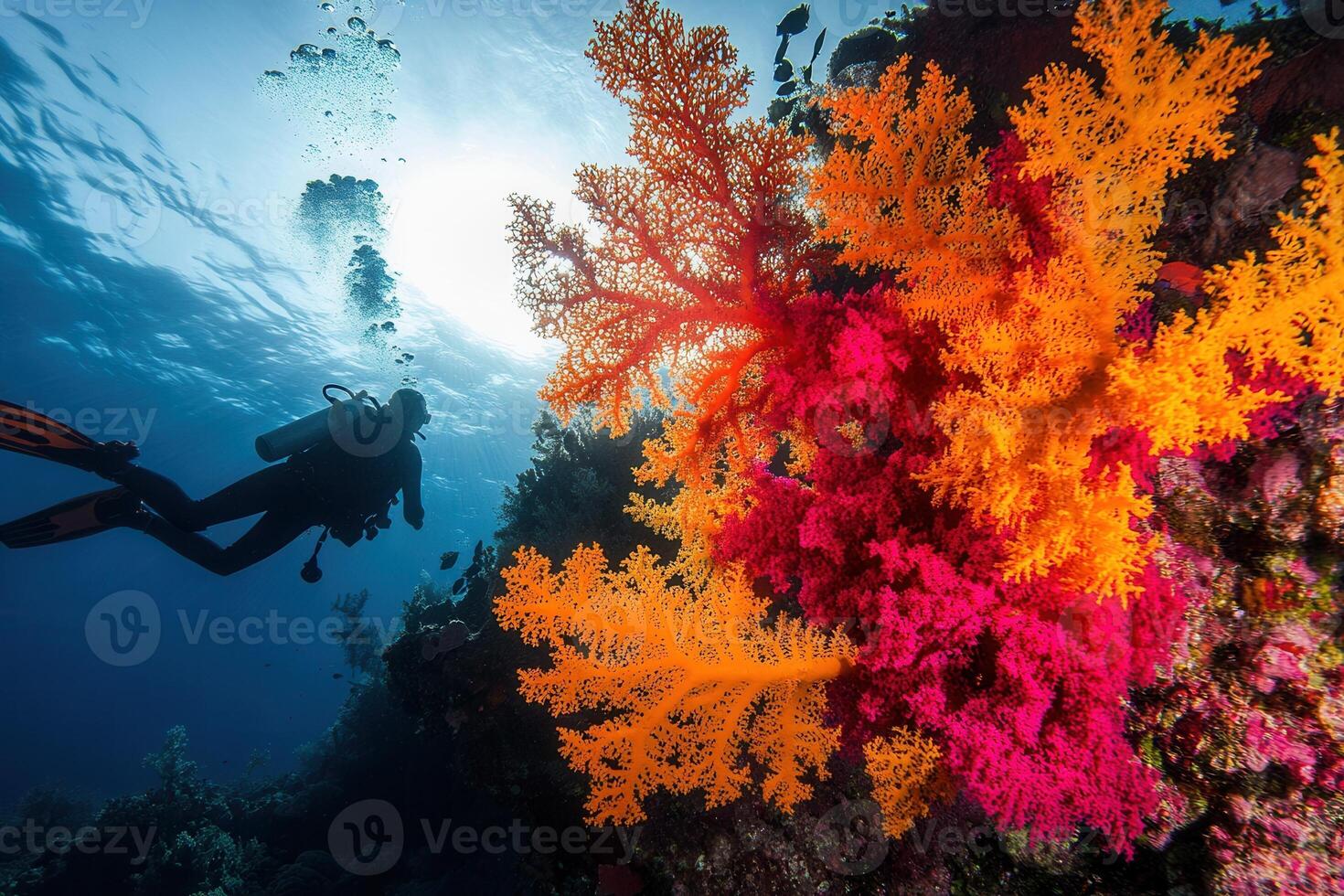 Vibrant coral reef with diver exploring underwater life. photo