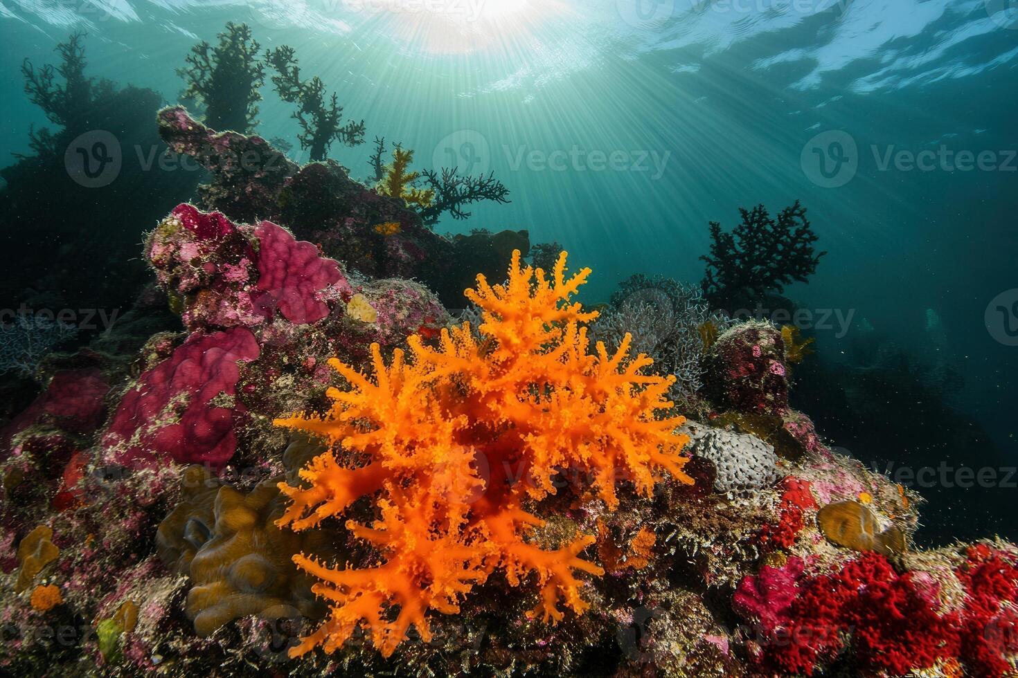 Vibrant coral reef with orange coral and underwater scenery. photo