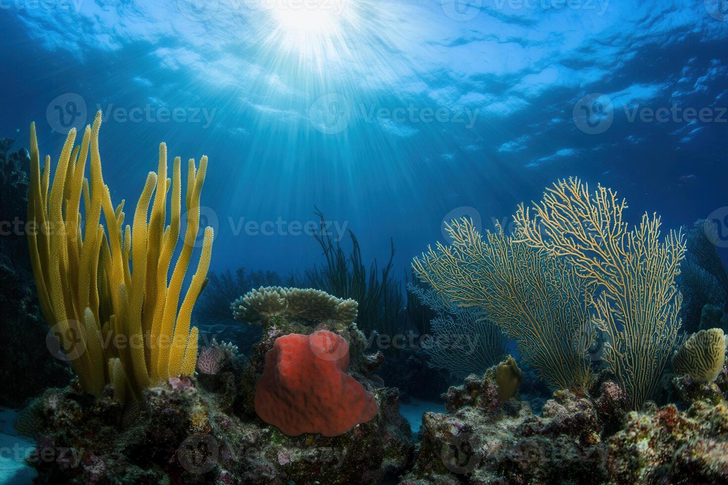 Vibrant underwater scene with coral and marine life. photo