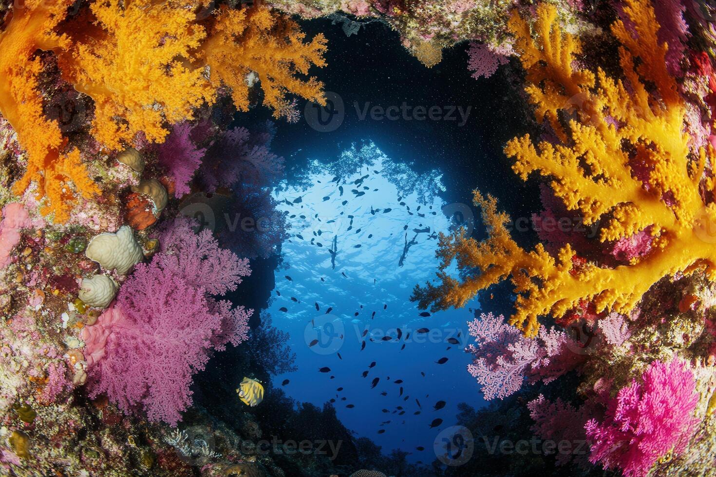 Vibrant coral reef with diverse marine life below. photo