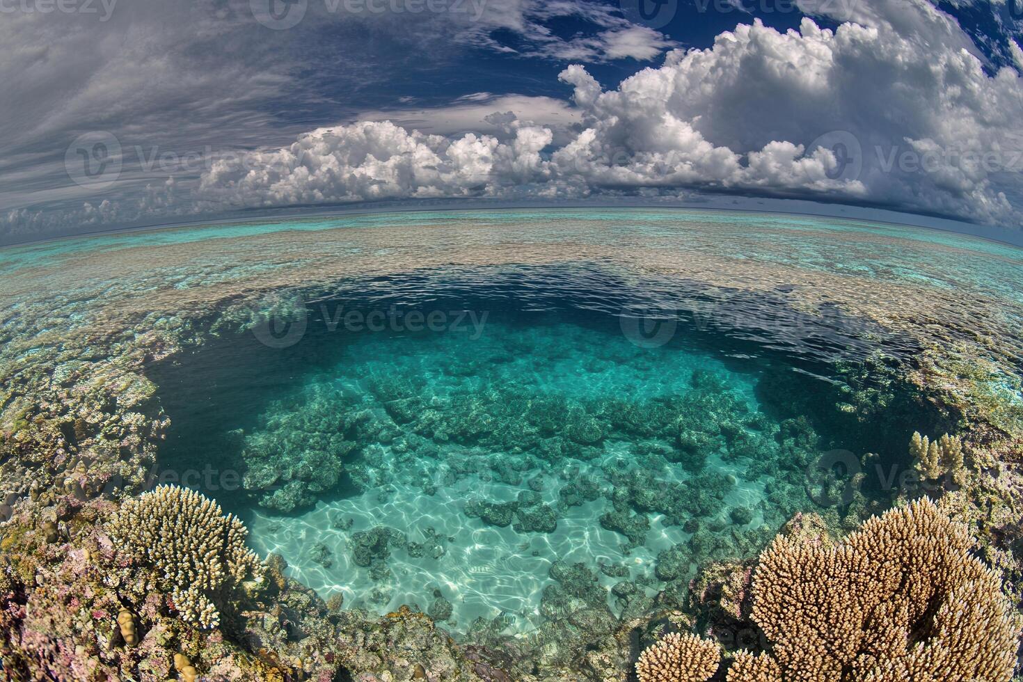 Vibrant coral reef with clear turquoise waters and clouds. photo