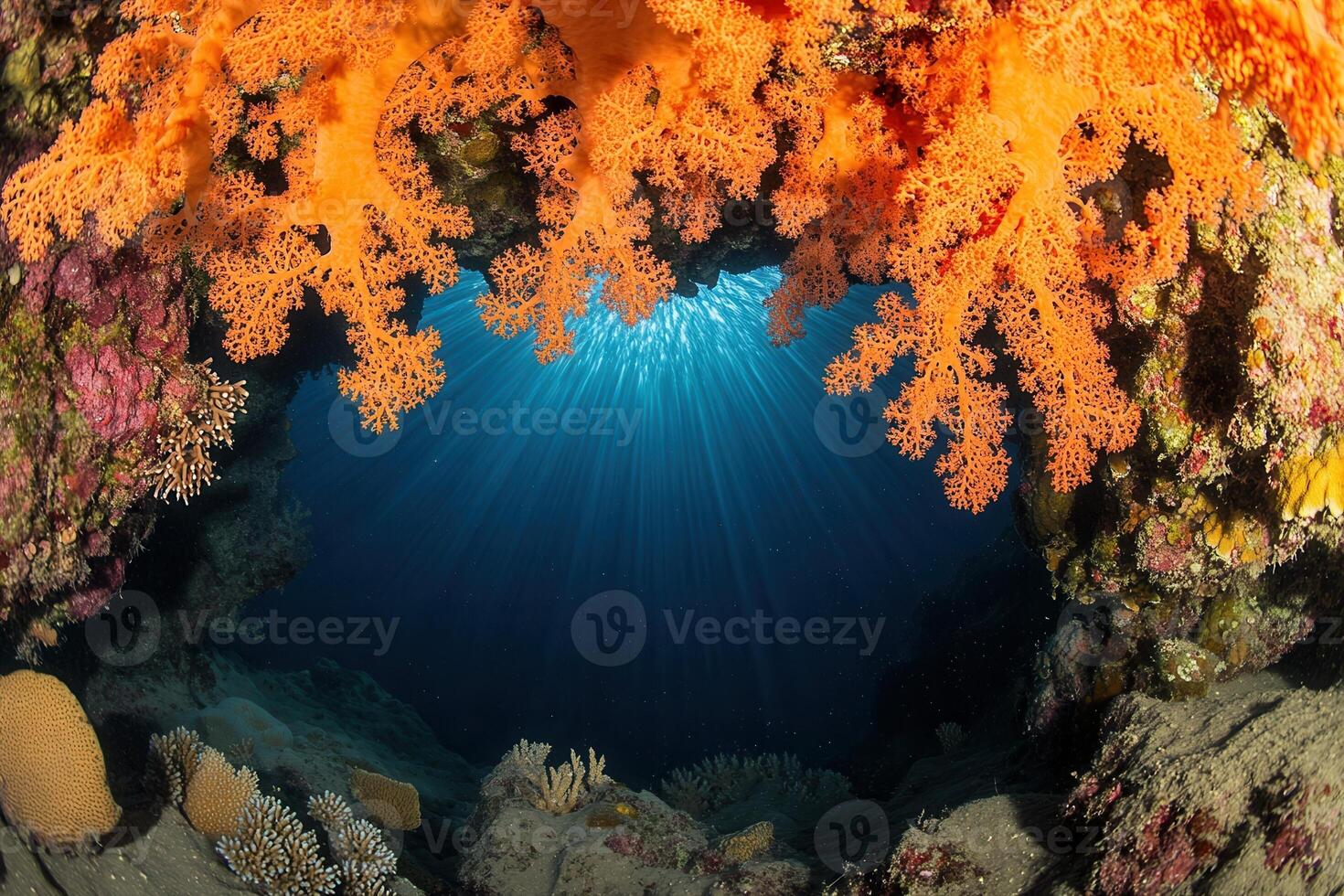 Vibrant coral reef with sunlight filtering underwater. photo