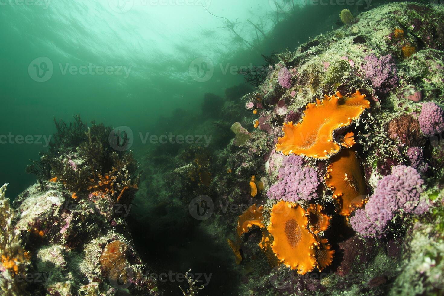 Vibrant underwater coral reef with diverse marine life. photo