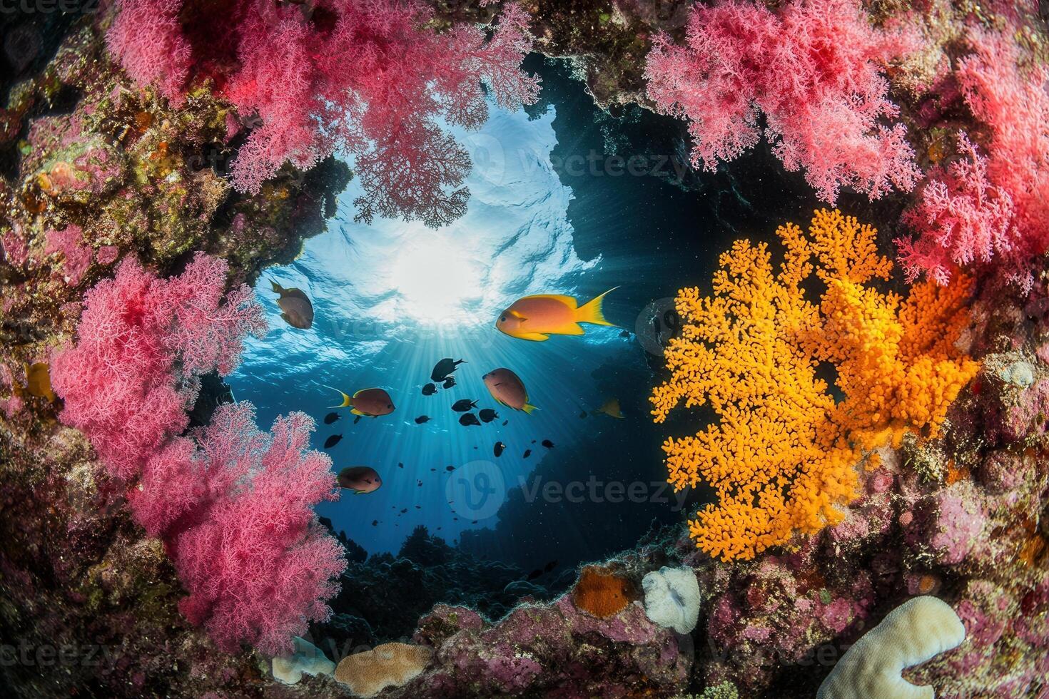 Vibrant underwater scene with colorful coral and fish. photo