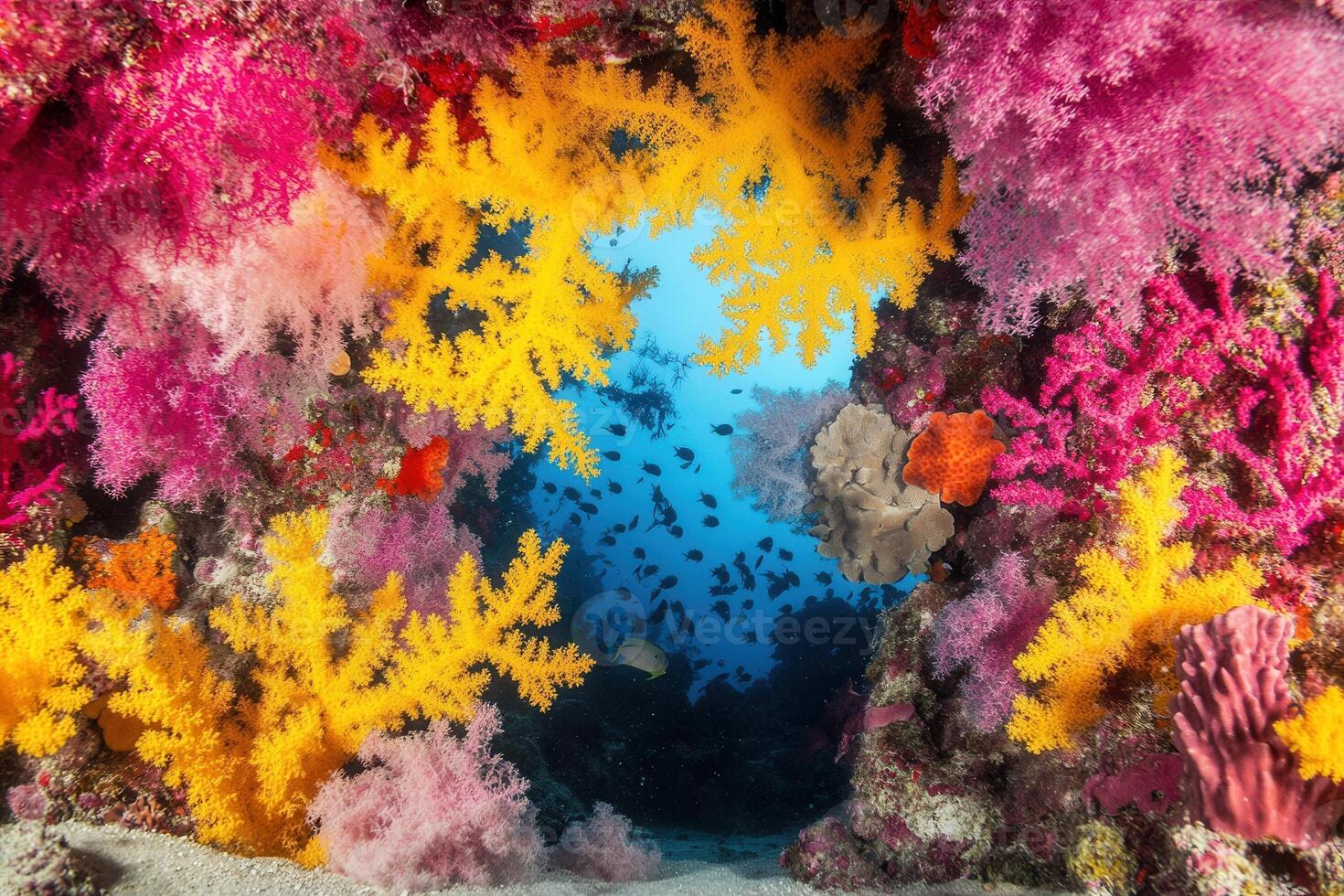 Vibrant underwater scene with colorful coral formations. photo