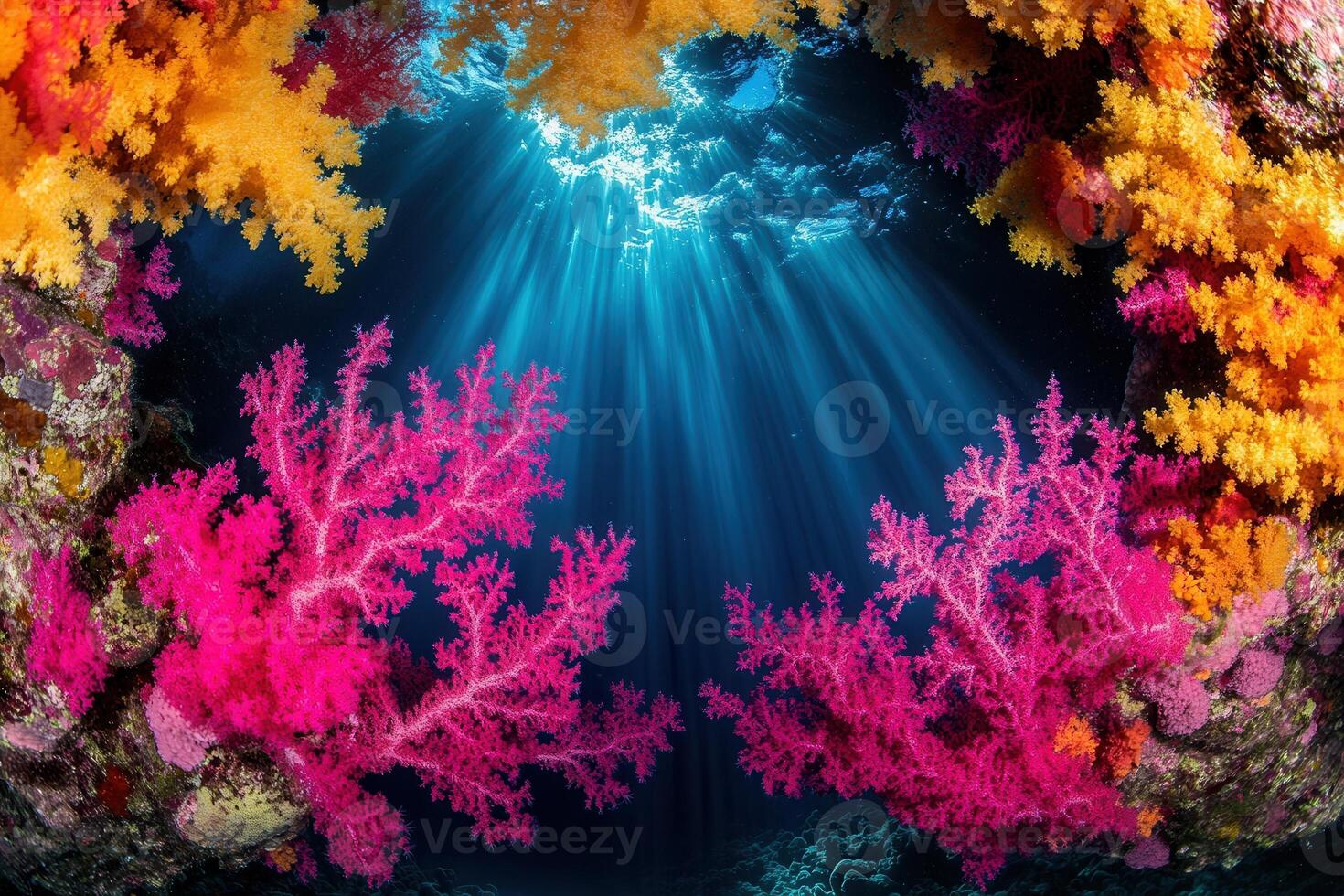 Vibrant underwater scene with colorful coral reefs. photo