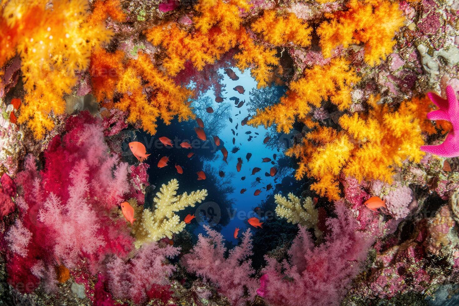 Vibrant underwater scene with colorful corals and fish. photo