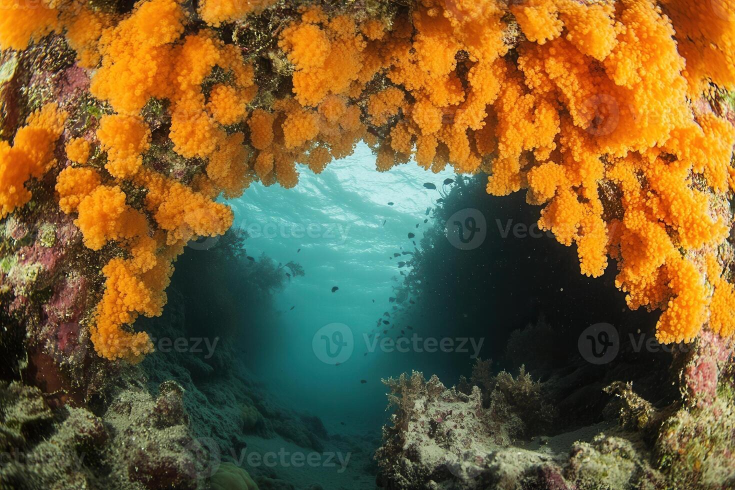 Vibrant underwater scene with orange coral formations. photo