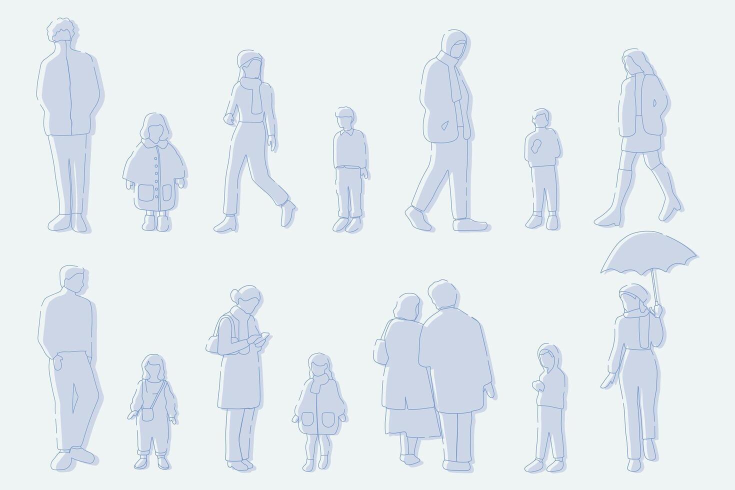 flat minimal people male and female illustration in winter clothing concept isolated set collection. Outline with silhouette shadow. For architecture rendering, design, info graphic, media vector