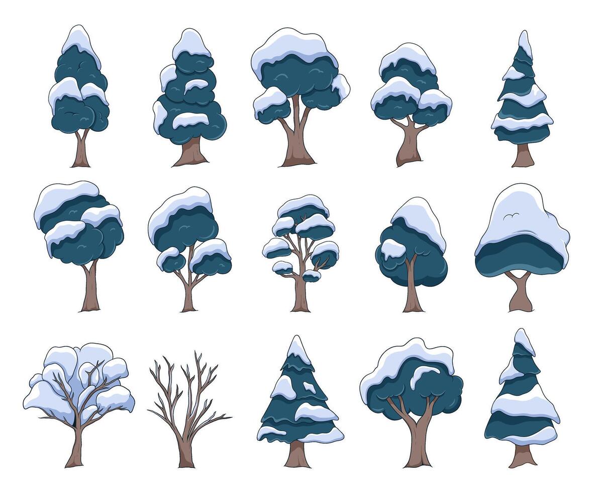 set of winter tree with snow cartoon vector