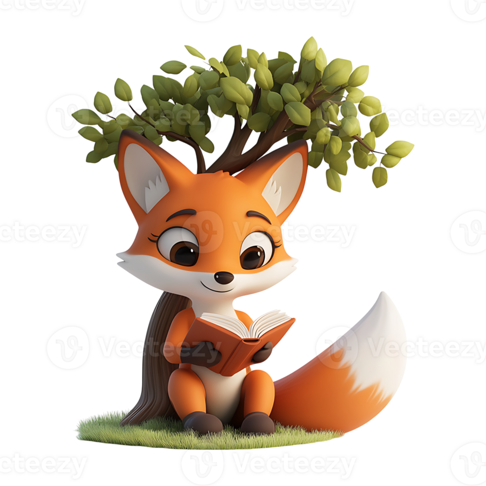 3d icon of fox reading book under the tree png