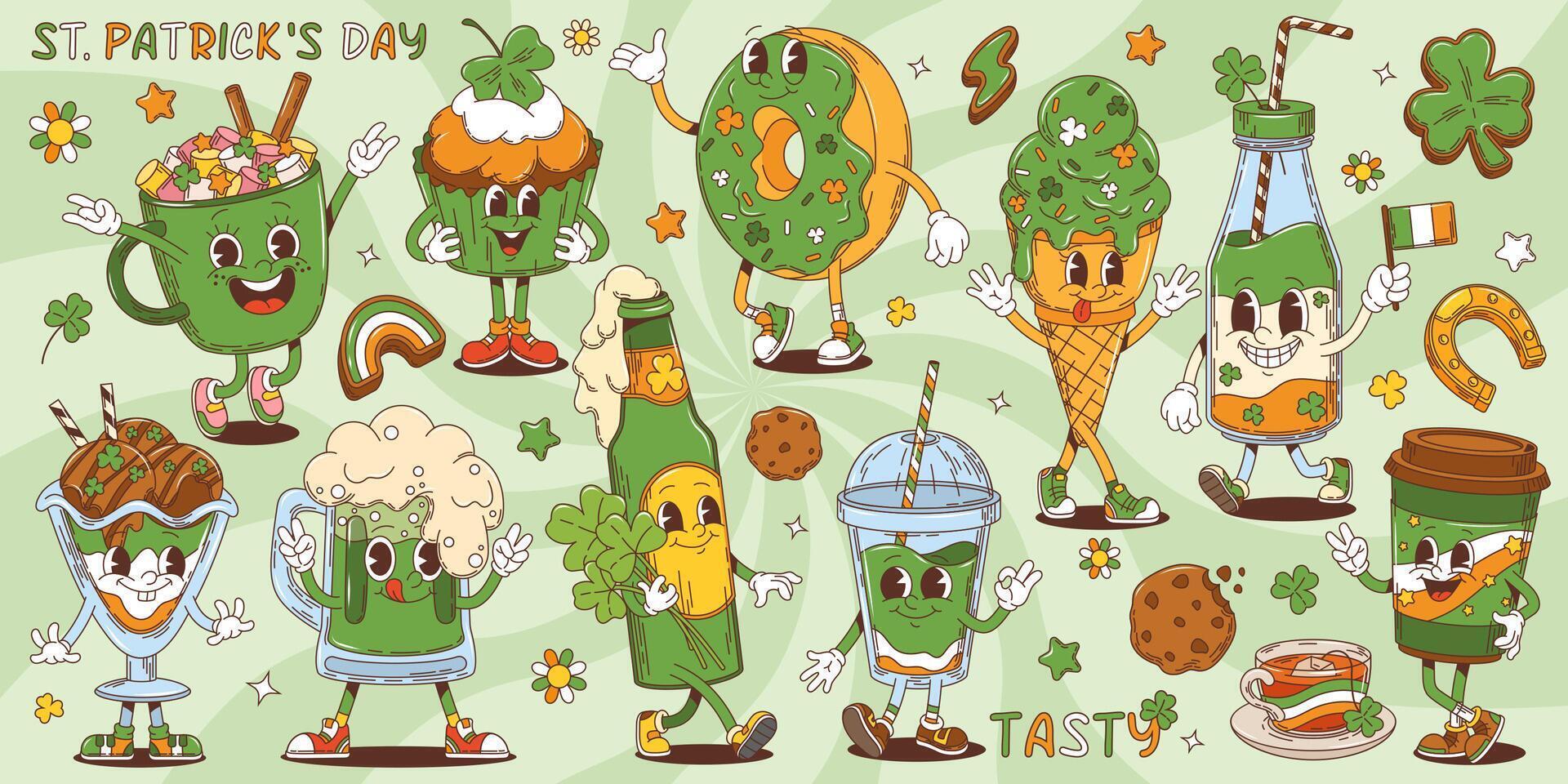 Cartoon groovy retro St Patrick dessert characters vector