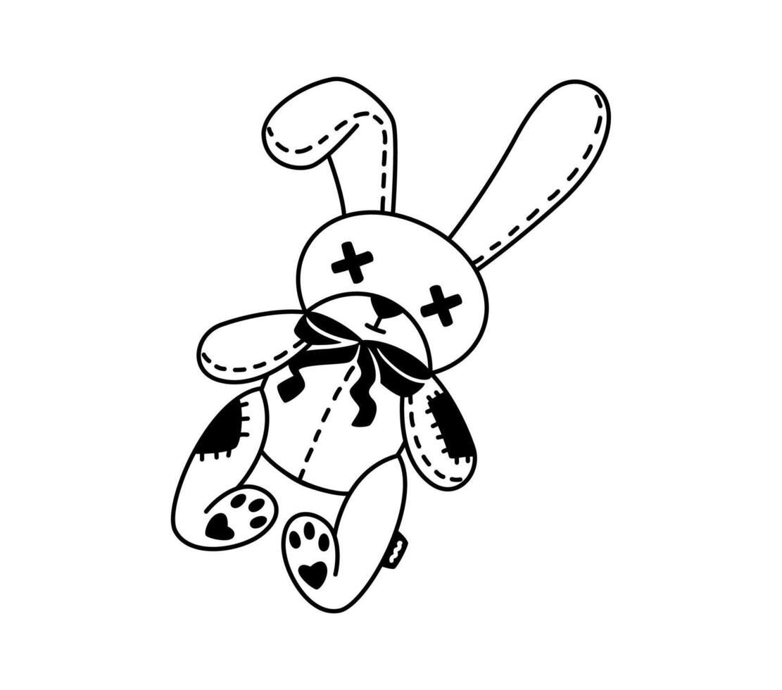 Y2k tattoo of monochrome broken bunny plush toy vector