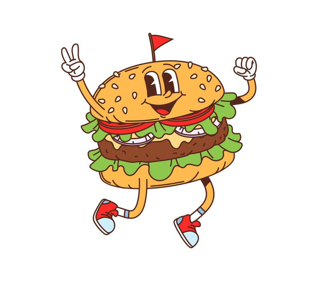 Cartoon groovy fast food cheeseburger character vector