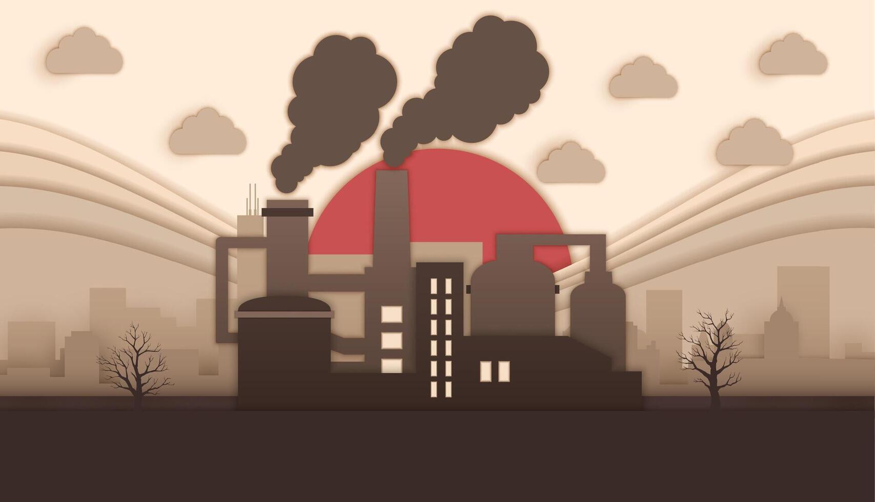 Chimney smoke, paper cut factory pollution banner vector