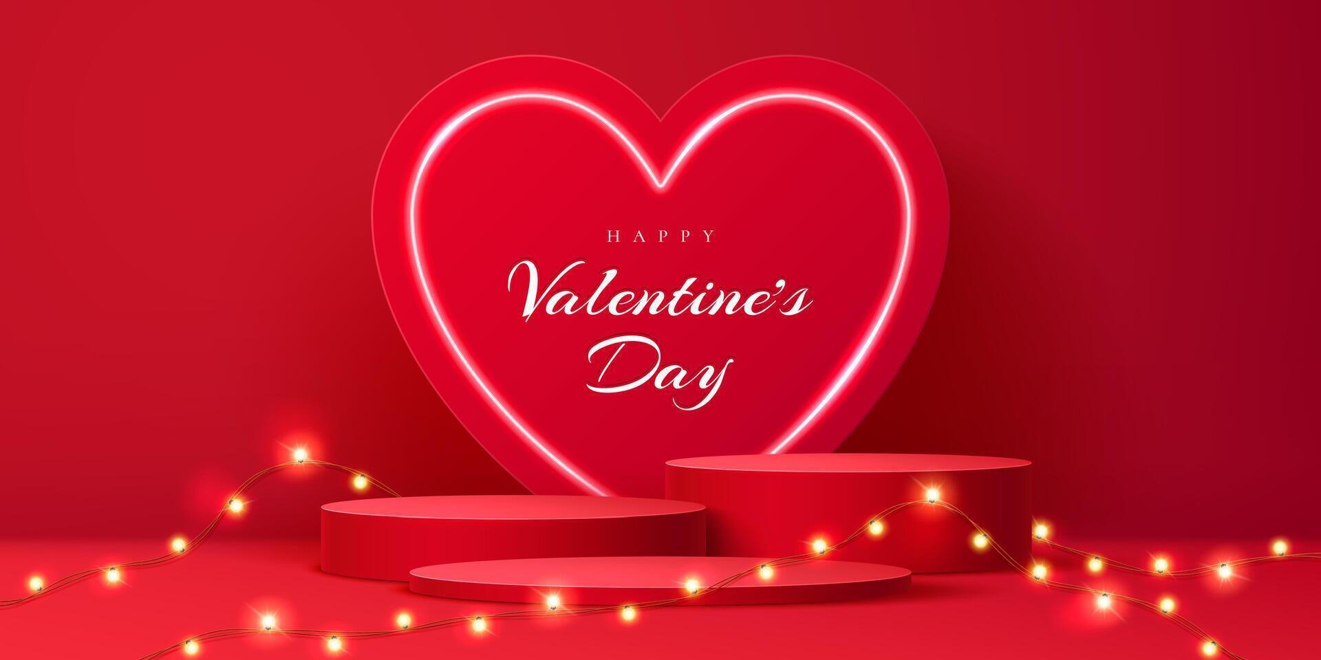 Valentine day podium stage with heart neon frame vector