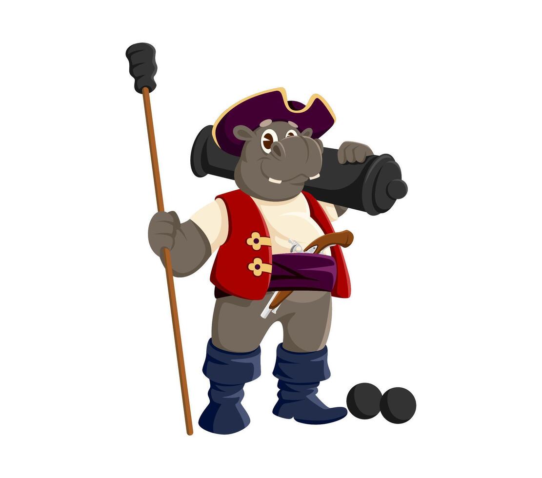 Cartoon hippo animal pirate standing with a cannon vector