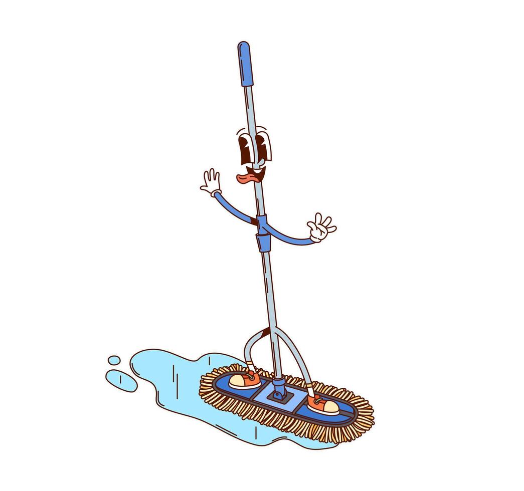 Groovy mop cleaning, washing tool retro character vector
