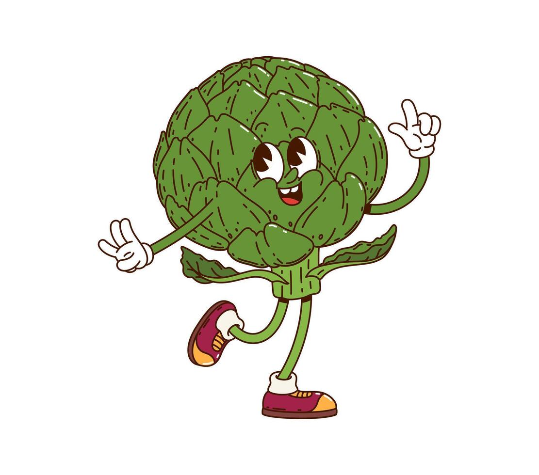 Cartoon groovy artichoke vegetable retro character vector