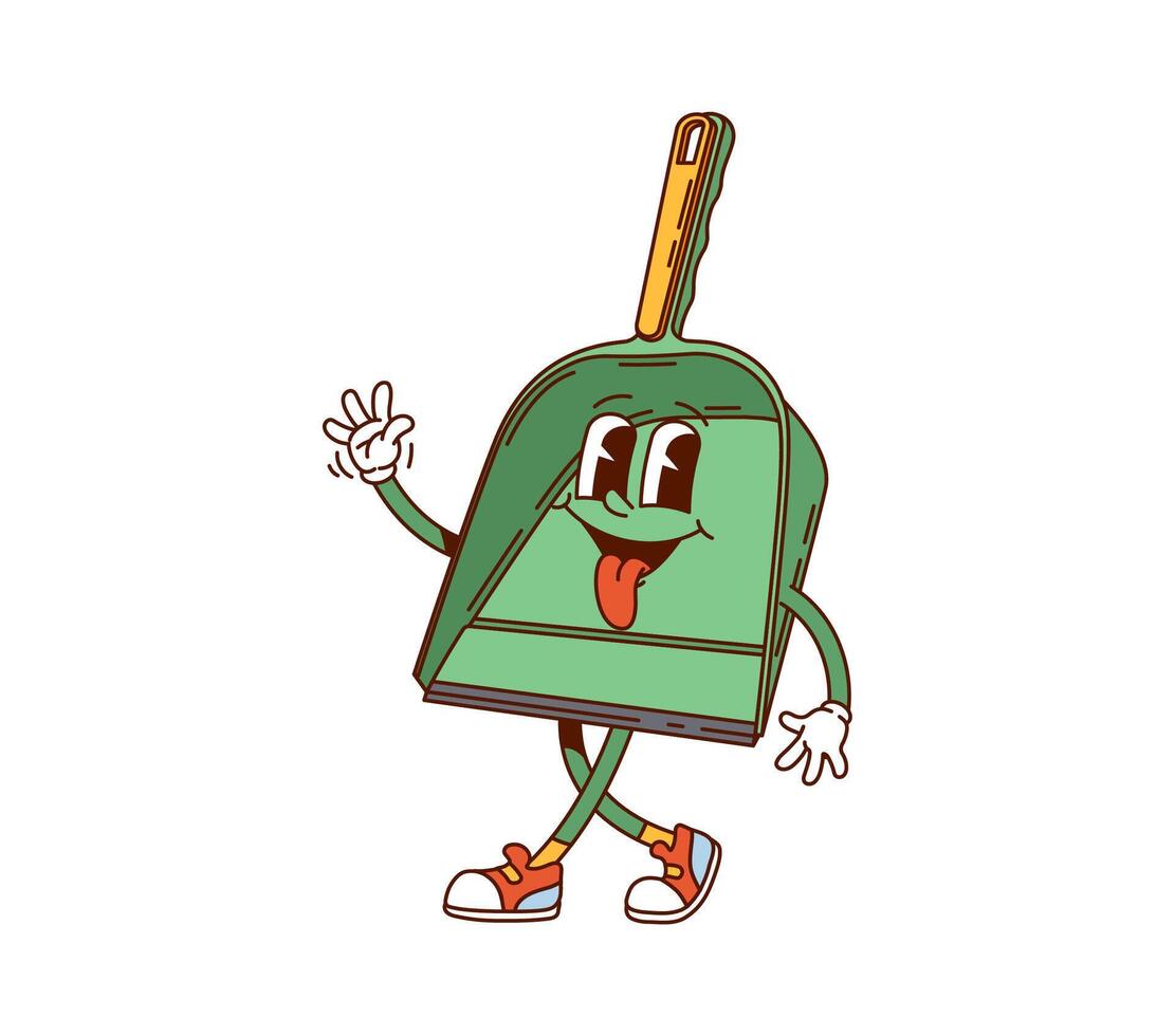 Groovy dustpan cartoon household retro character vector