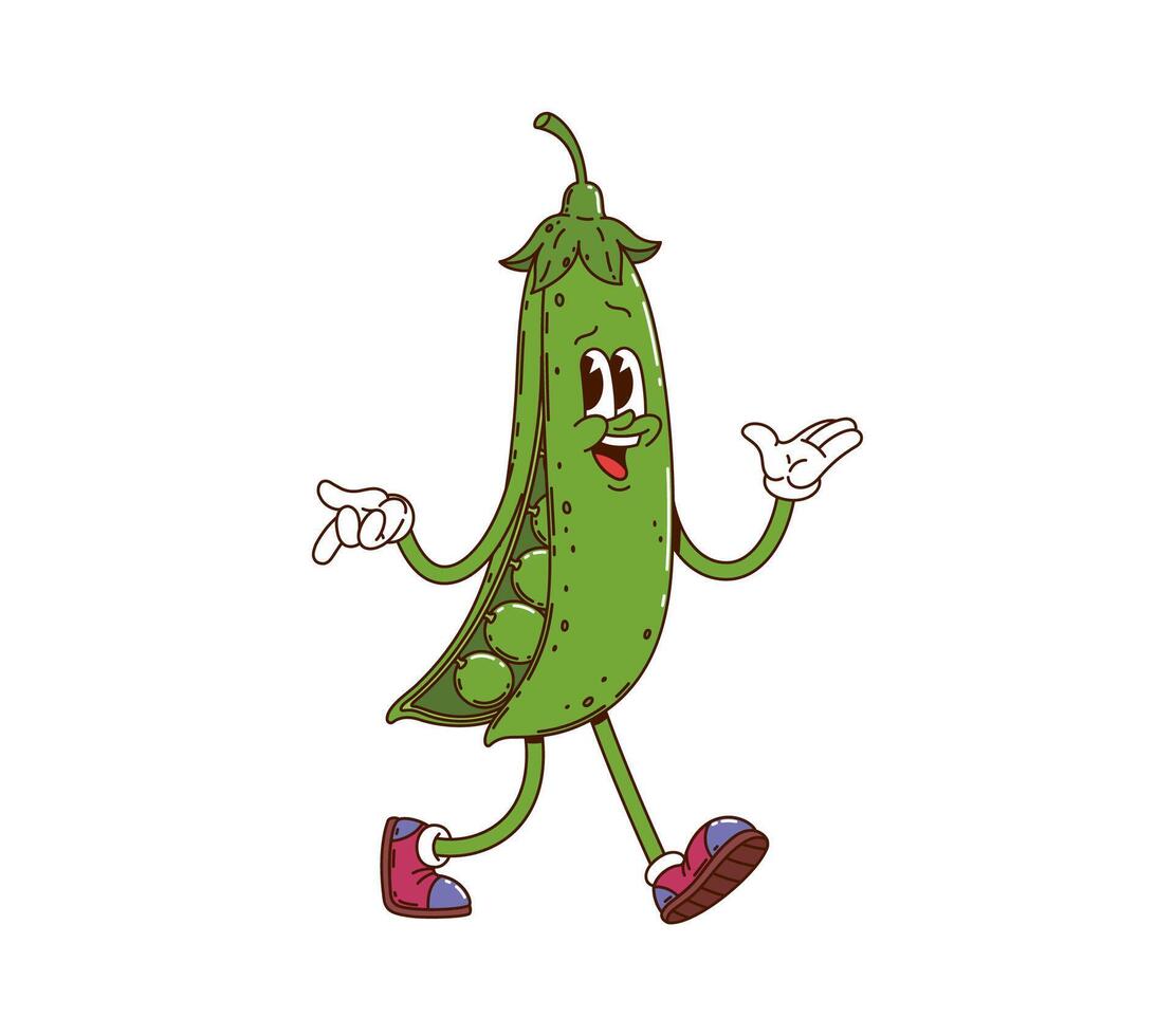 Cartoon groovy green pea vegetable character vector