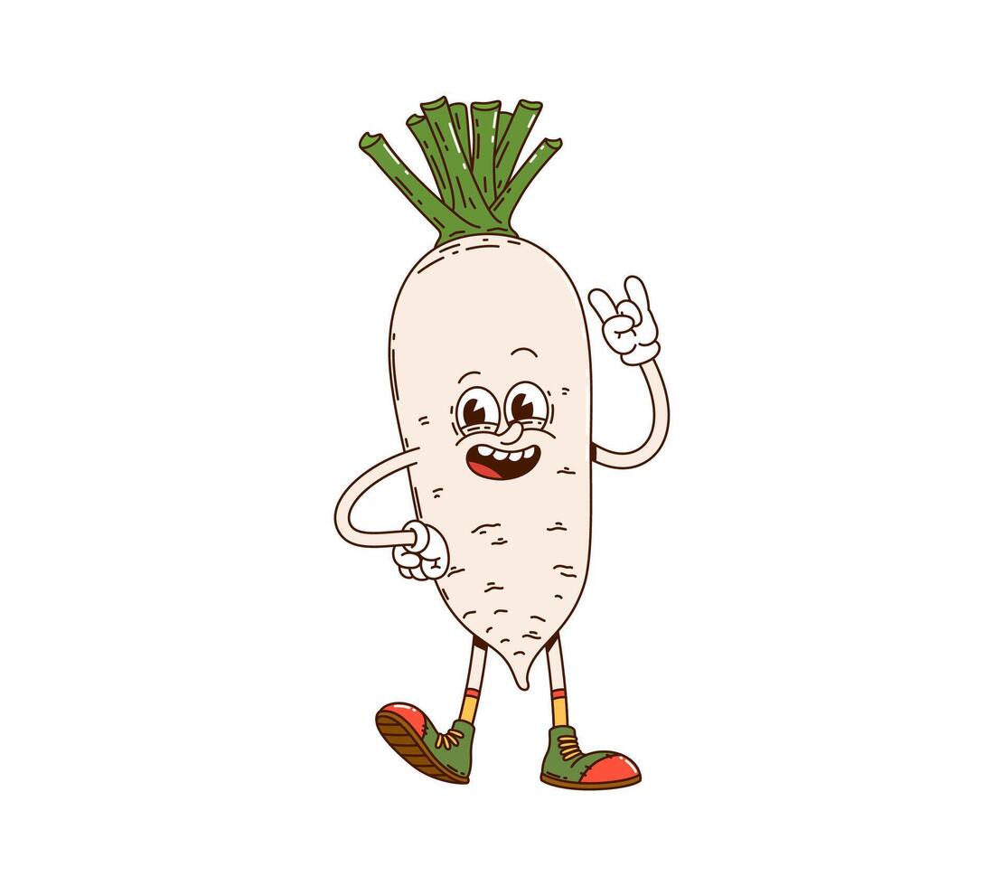 Cartoon groovy daikon vegetable retro character vector