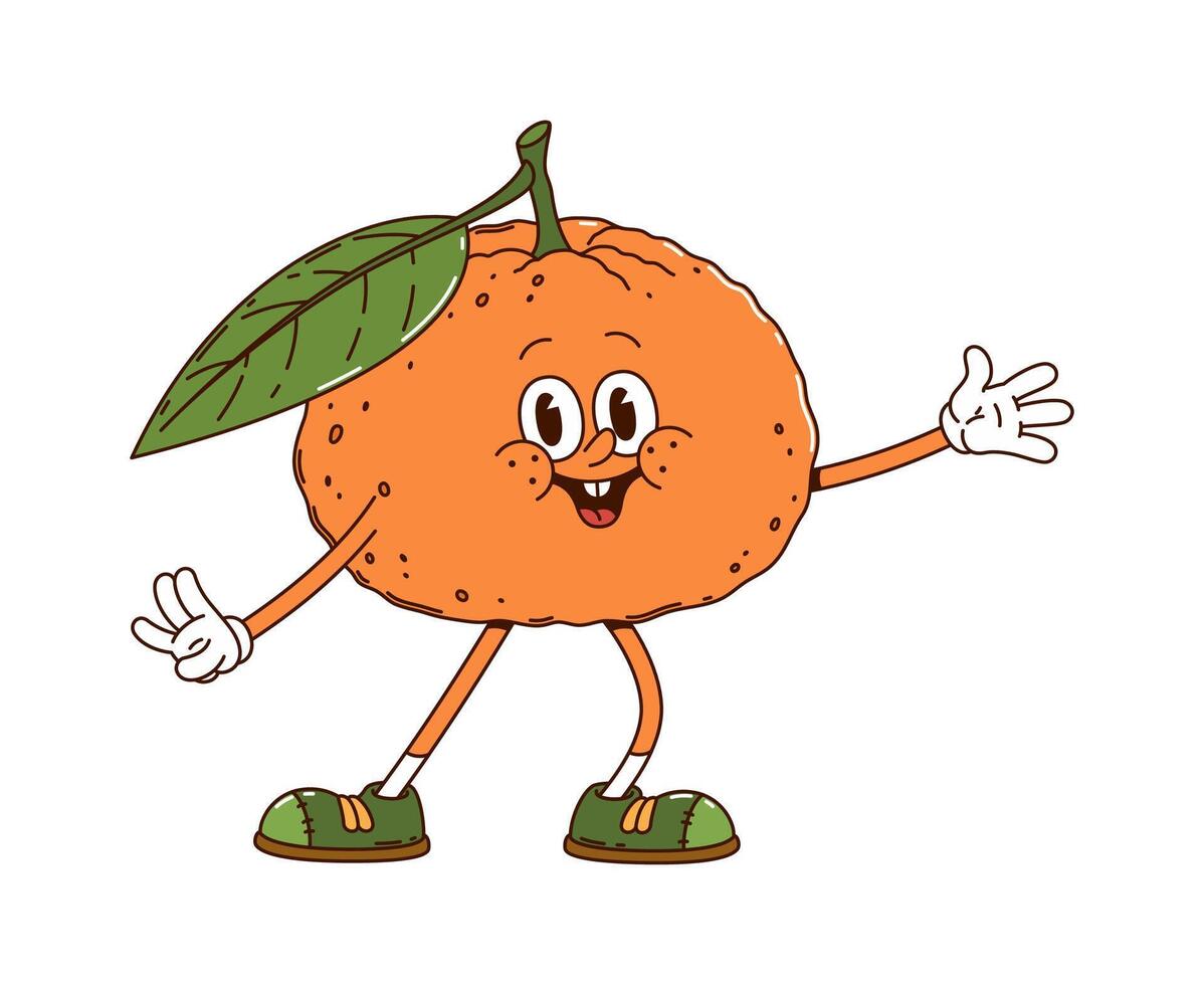 Cartoon groovy tangerine fruit character dances vector