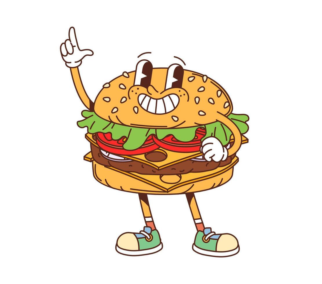 Cartoon groovy fast food burger happy character vector
