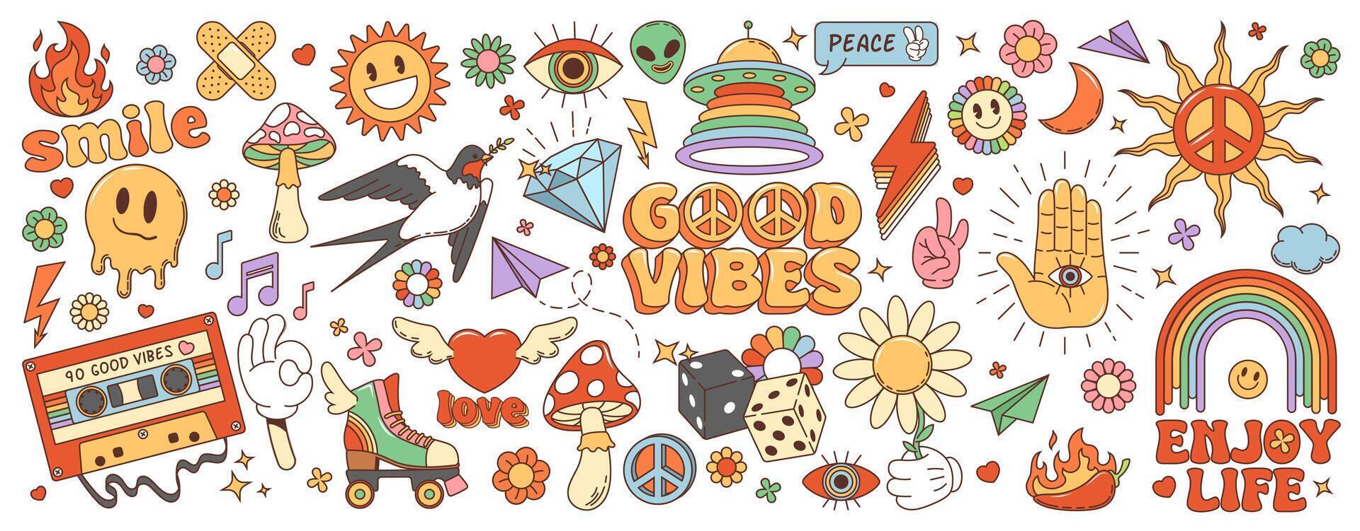 Groovy cartoon retro symbols in 70s hippie art vector