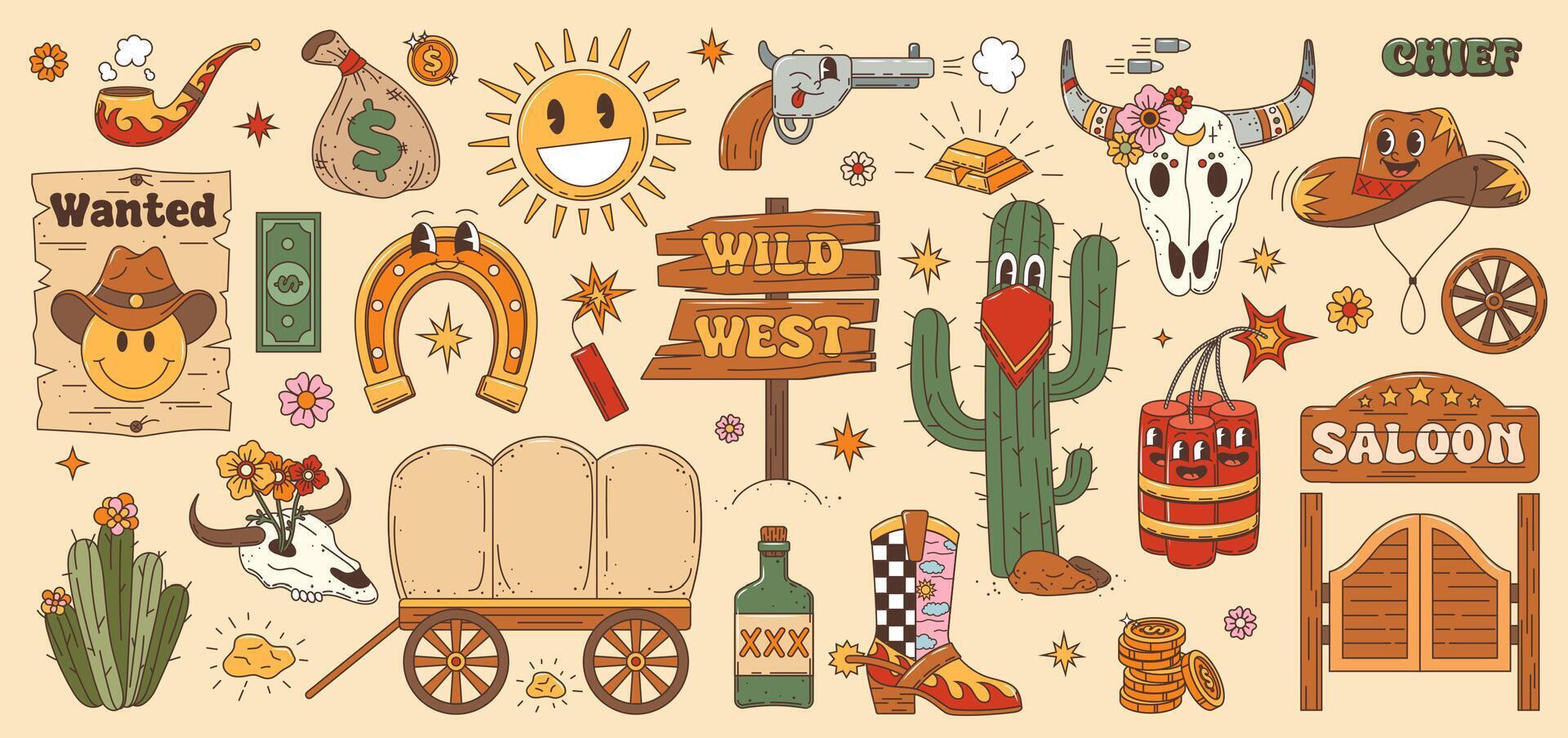 Wild West Western groovy characters and items vector