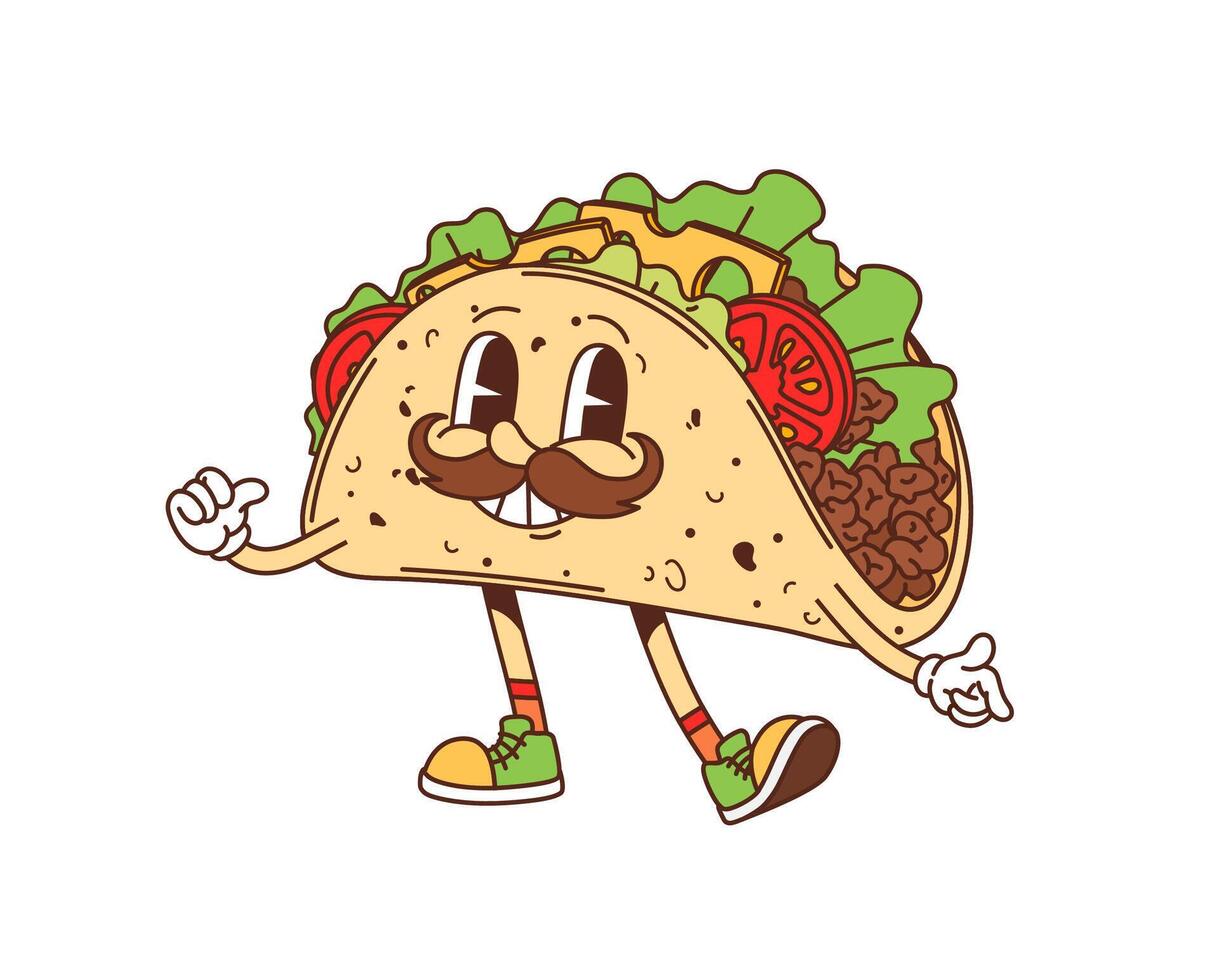 Cartoon groovy fast food tacos cheerful character vector