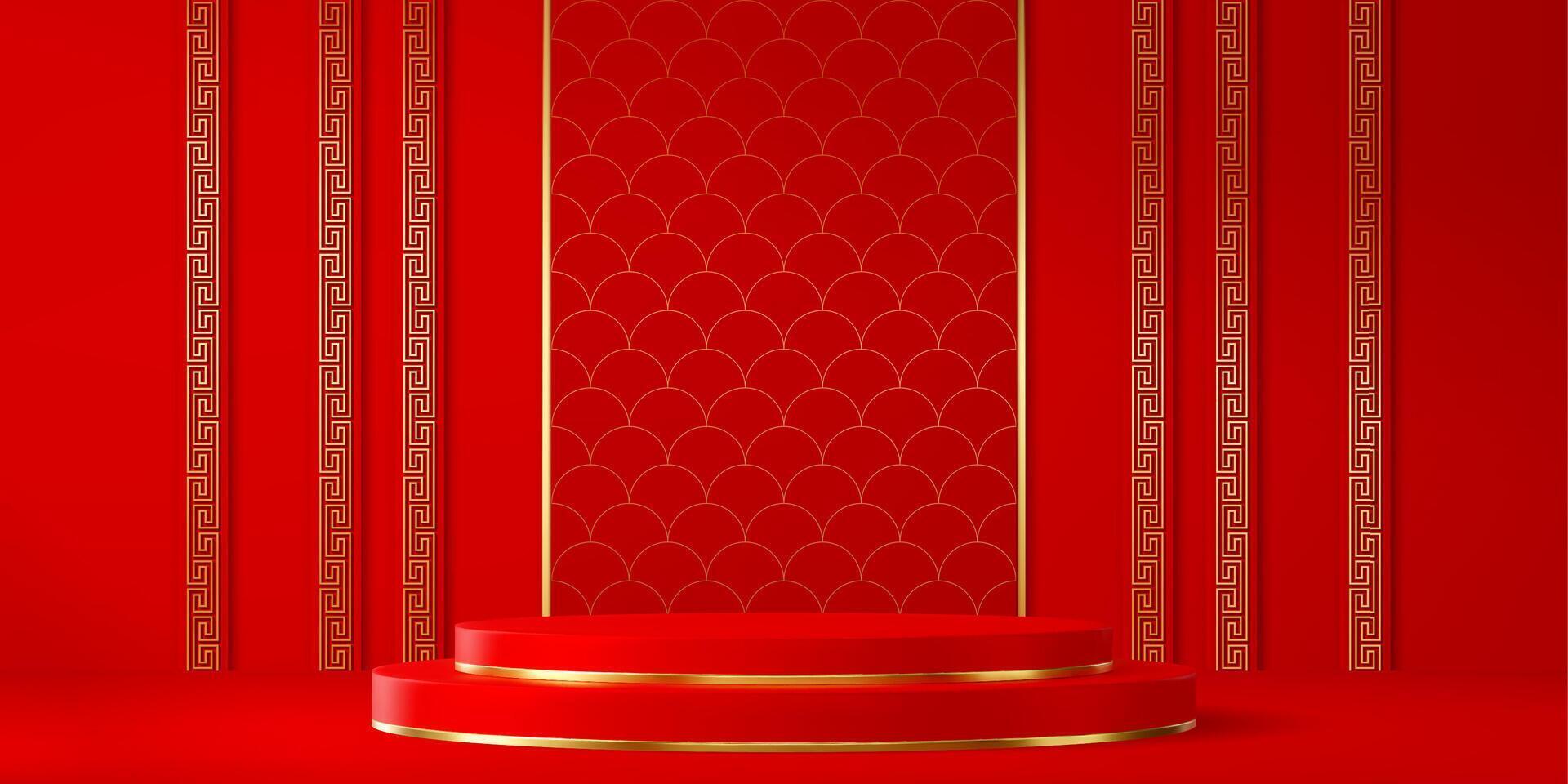 Chinese red podium, stage with golden decoration vector