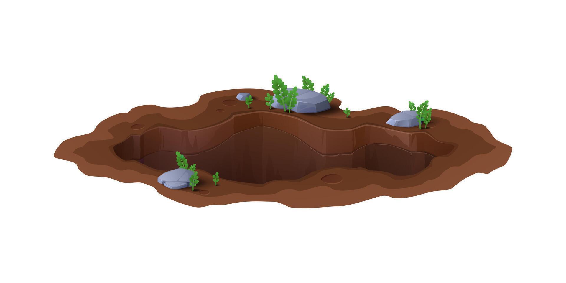Cartoon deep dirty pit and burrow, ground hole vector
