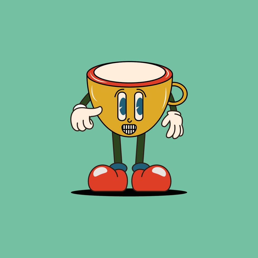 A cheerful yellow cup character with arms and legs, wearing red shoes and pointing. Perfect for fun, playful designs related to coffee, tea, or beverages. vector