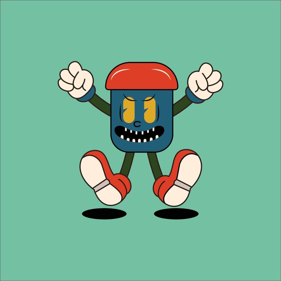 An angry trash can character with arms and legs, wearing red shoes and clenching its fists. Perfect for fun, playful designs related to cleanliness, hygiene, and waste management. vector