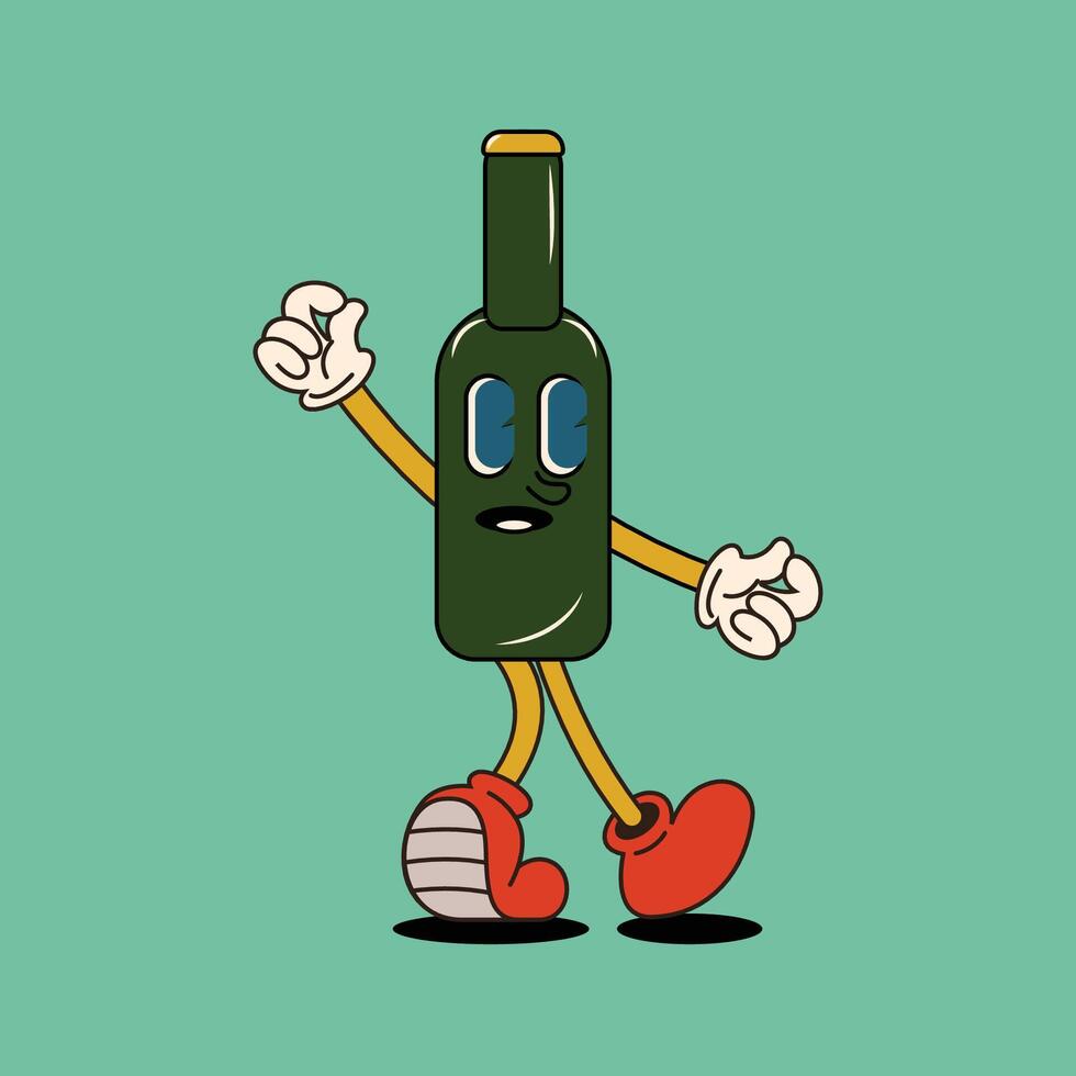 A cheerful green bottle character with arms and legs, wearing red shoes and waving. Perfect for fun, playful designs. vector