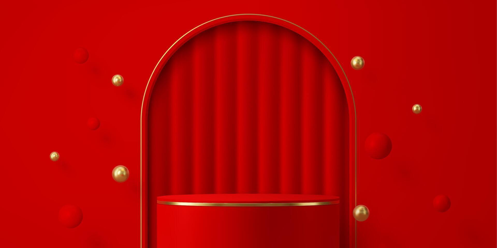 Chinese red podium, elegant pedestal with spheres vector