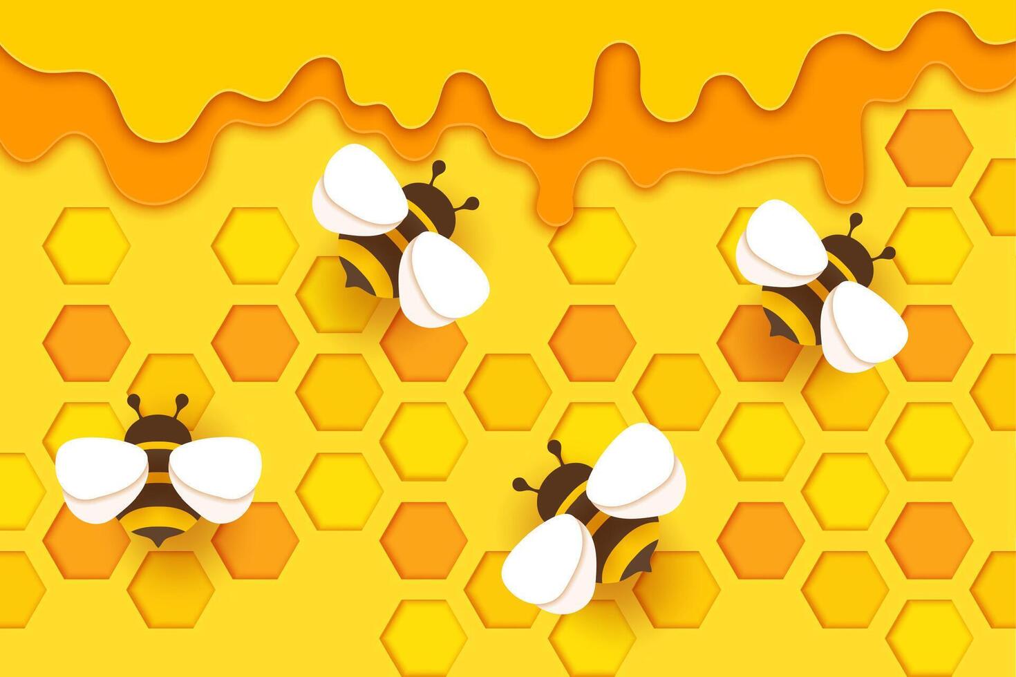 Paper cut honeycombs and honey bee background vector