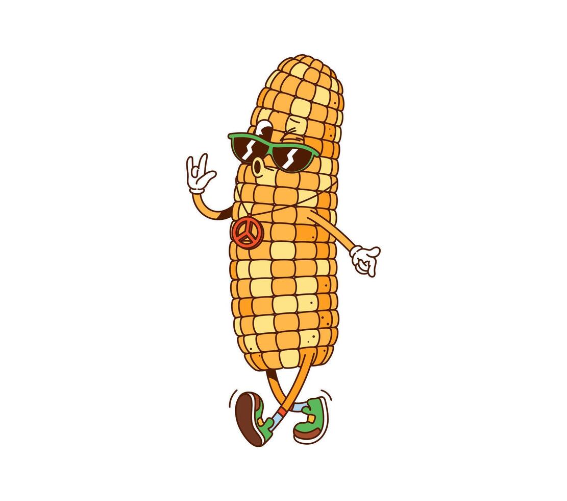 Cartoon corn cob groovy fast food retro character vector