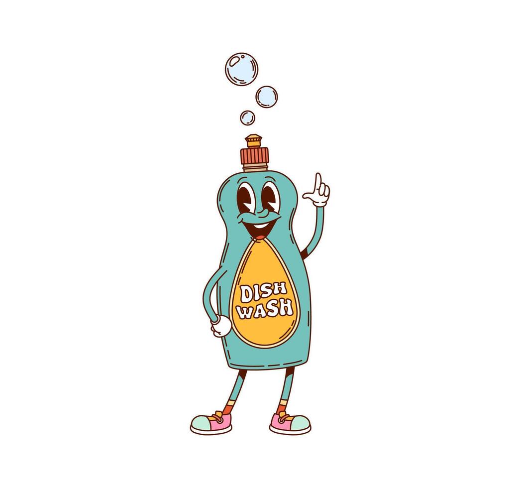 Groovy dish wash bottle household retro character vector