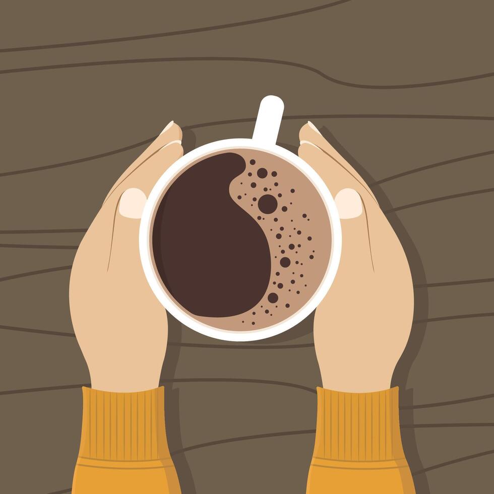 Coffee cup icon in hands. Top view. Break, breakfast concept. International coffee day. vector