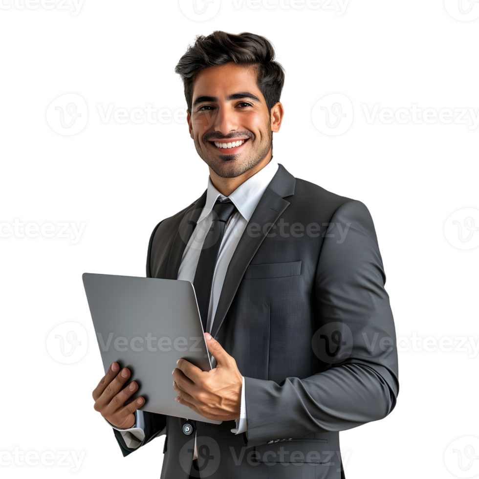 Happy Indian businessman holding tablet or laptop png