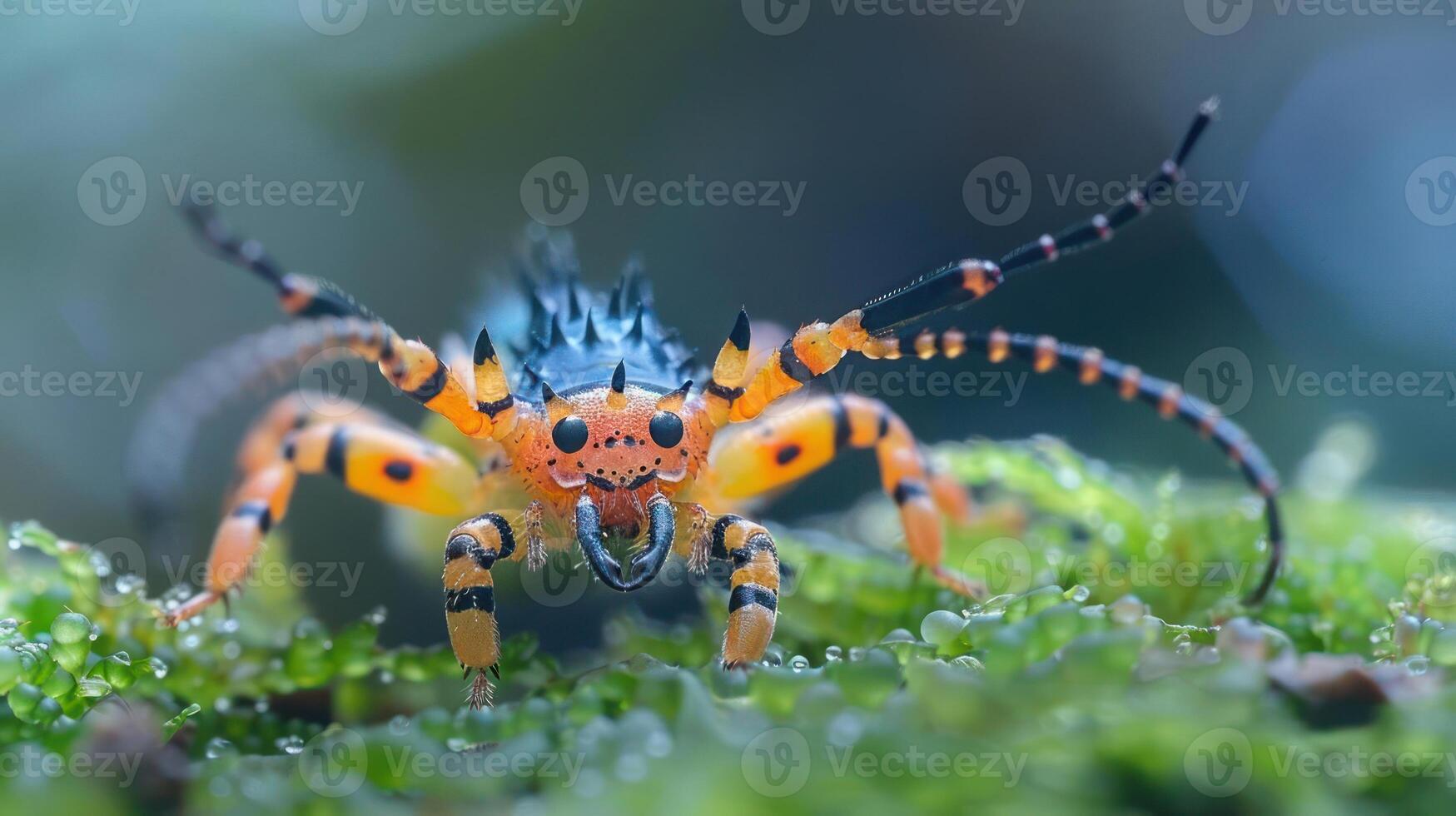 Up close look at a vibrant orange spider with black wings. photo